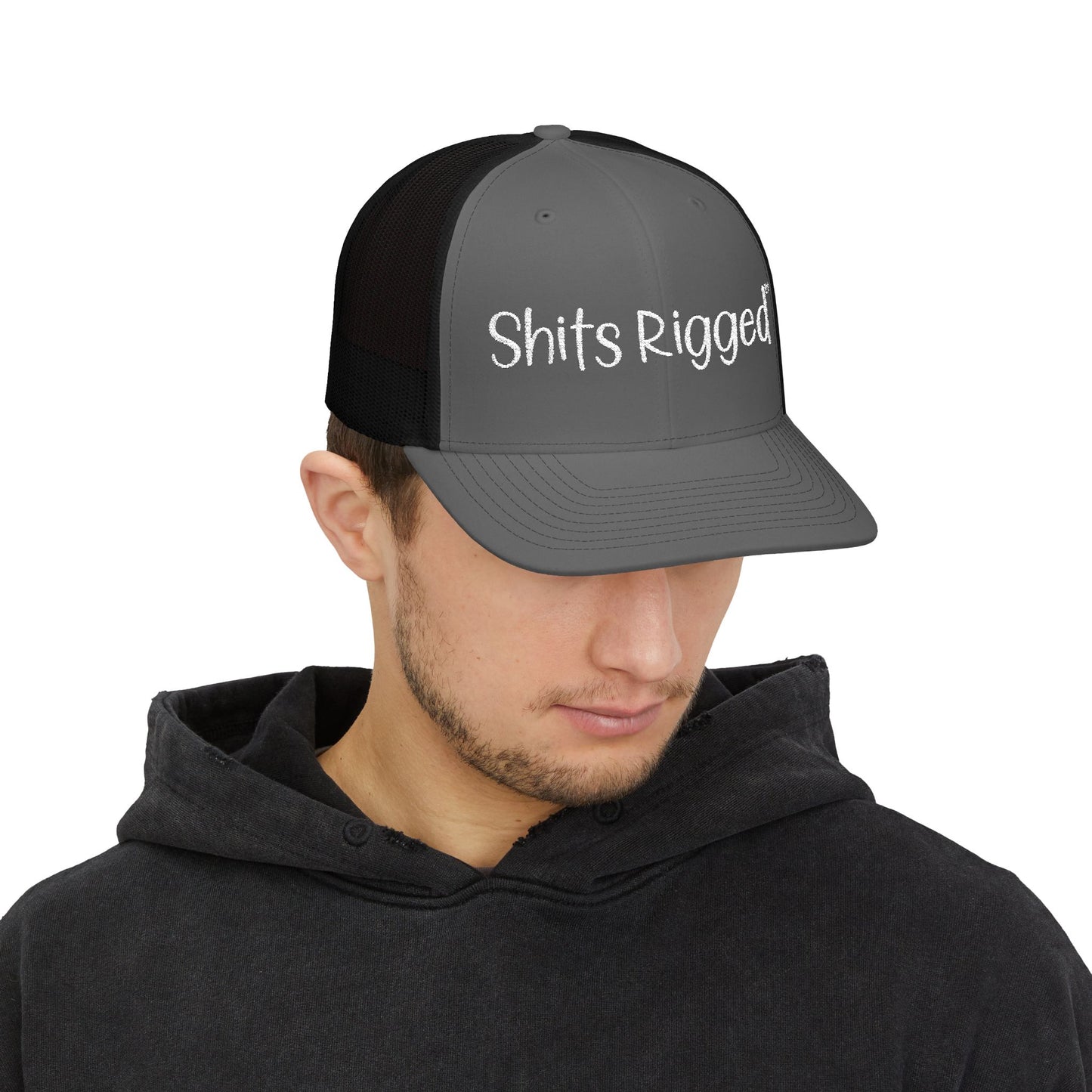 Embroidered Trucker Hat — "Shits Rigged" Bold Script Snapback