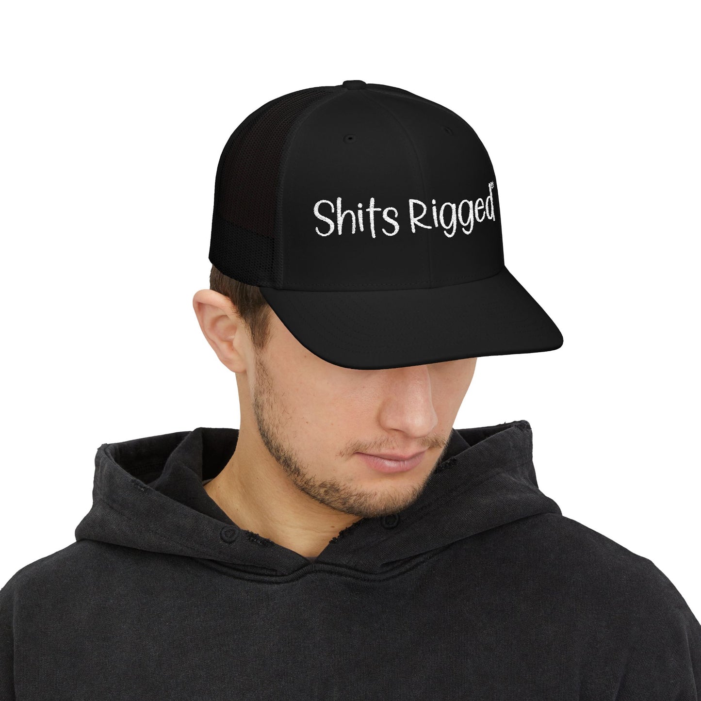 Embroidered Trucker Hat — "Shits Rigged" Bold Script Snapback