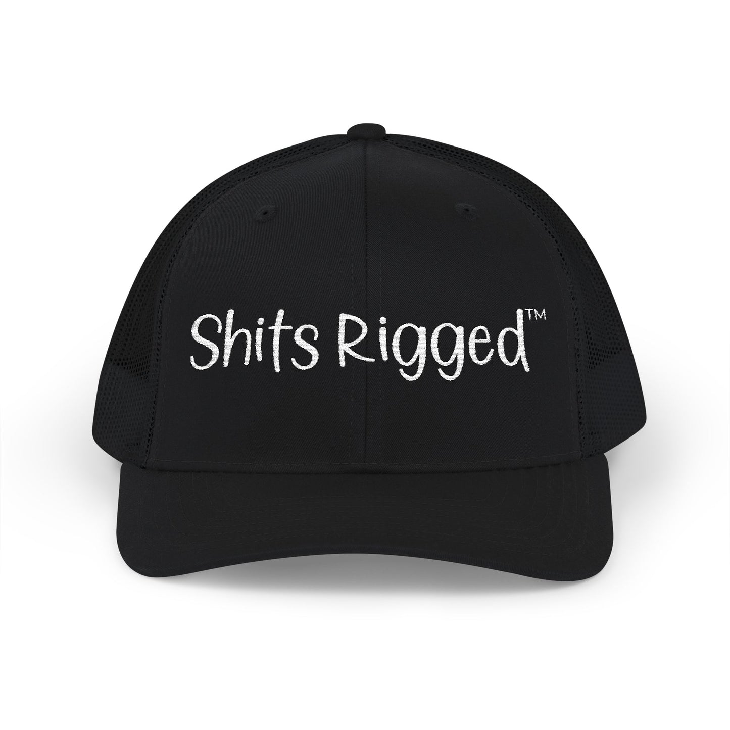 Embroidered Trucker Hat — "Shits Rigged" Bold Script Snapback