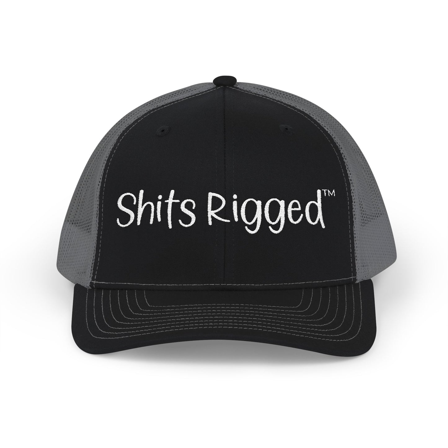 Embroidered Trucker Hat — "Shits Rigged" Bold Script Snapback