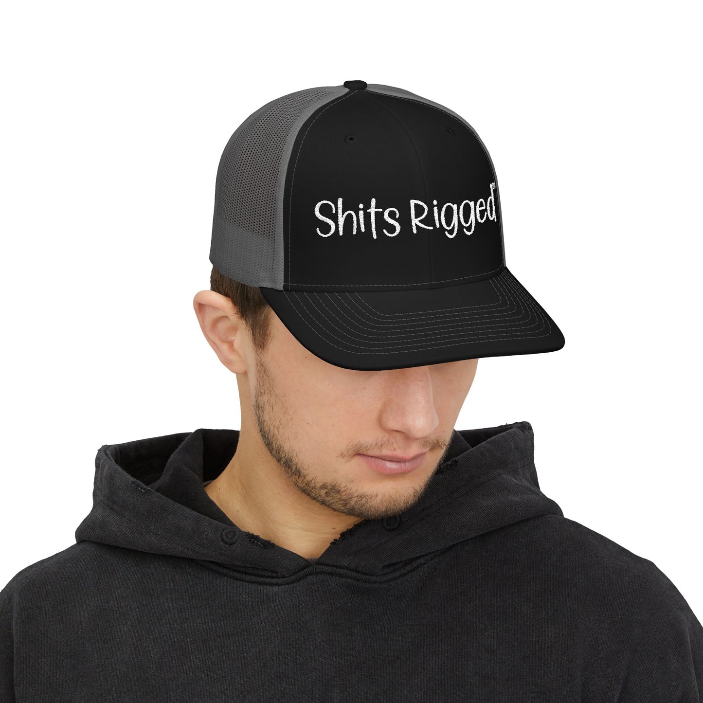 Embroidered Trucker Hat — "Shits Rigged" Bold Script Snapback