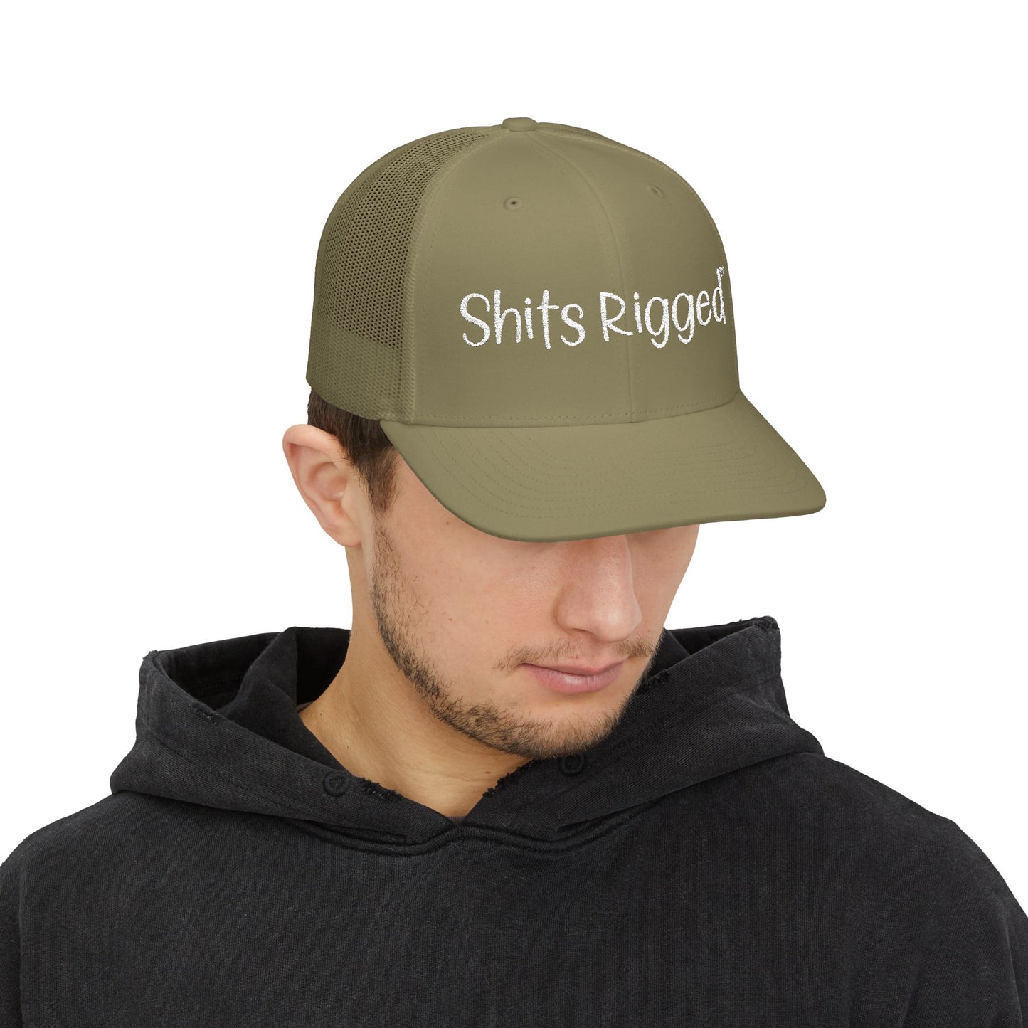 Embroidered Trucker Hat — "Shits Rigged" Bold Script Snapback