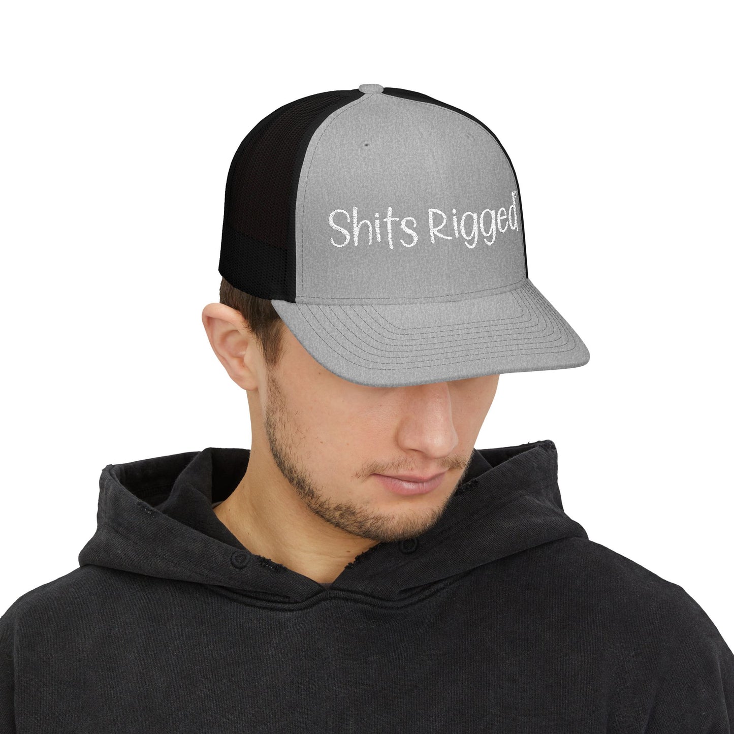 Embroidered Trucker Hat — "Shits Rigged" Bold Script Snapback