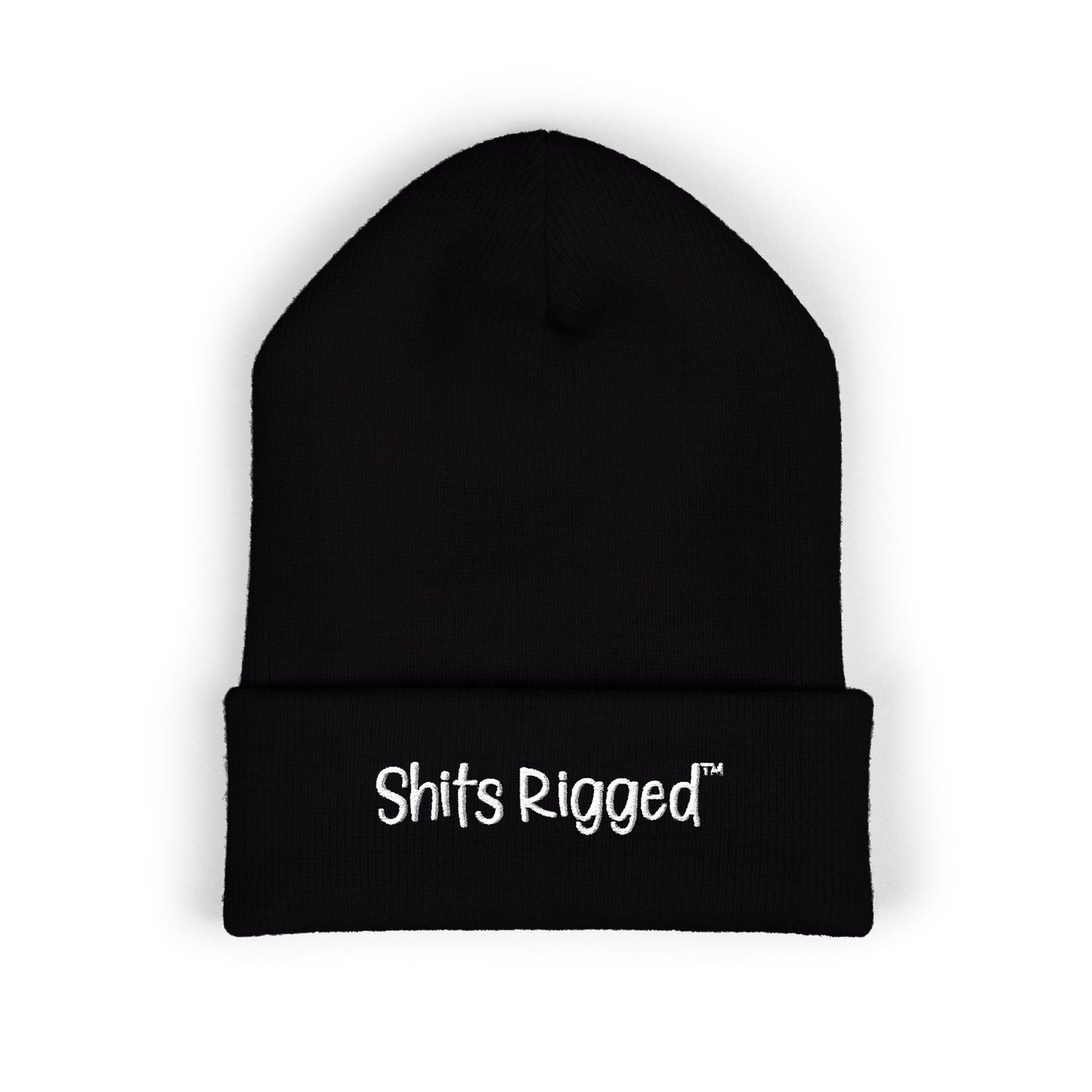 Embroidered 'Shits Rigged' Cuffed Beanie — Black Ribbed Knit Winter Hat