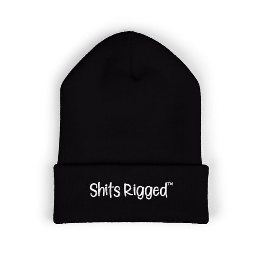 Embroidered 'Shits Rigged' Cuffed Beanie — Black Ribbed Knit Winter Hat