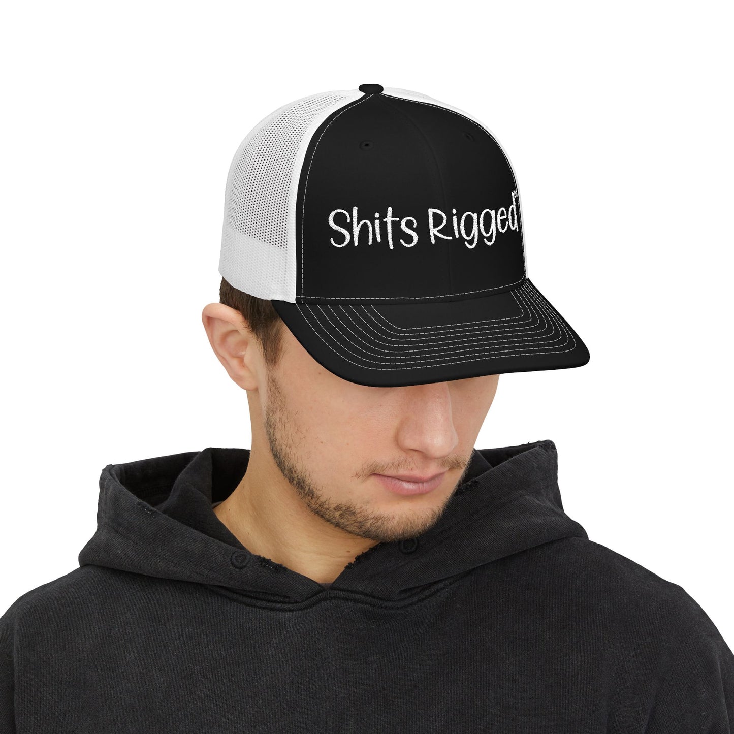 Embroidered Trucker Hat — "Shits Rigged" Bold Script Snapback