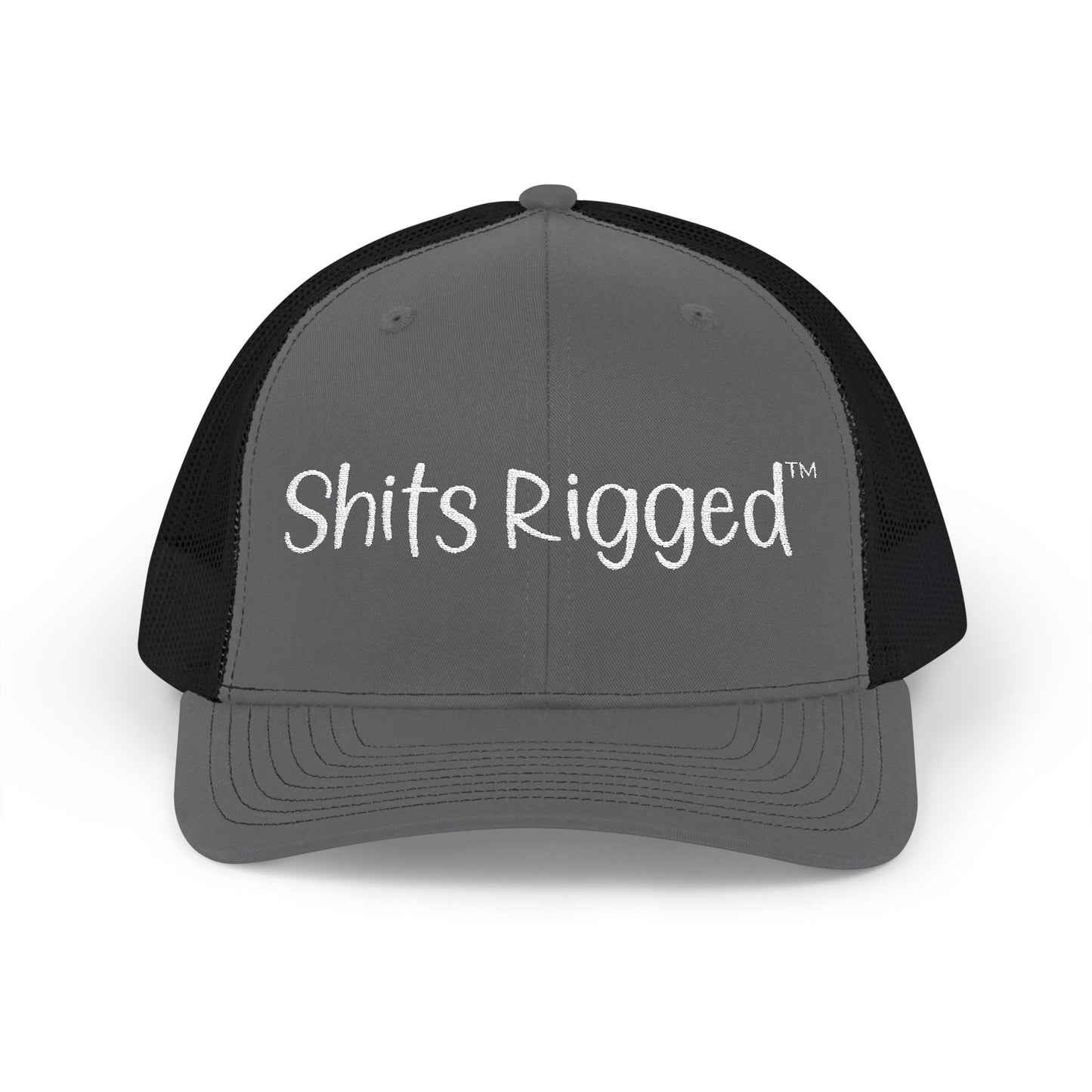 Embroidered Trucker Hat — "Shits Rigged" Bold Script Snapback