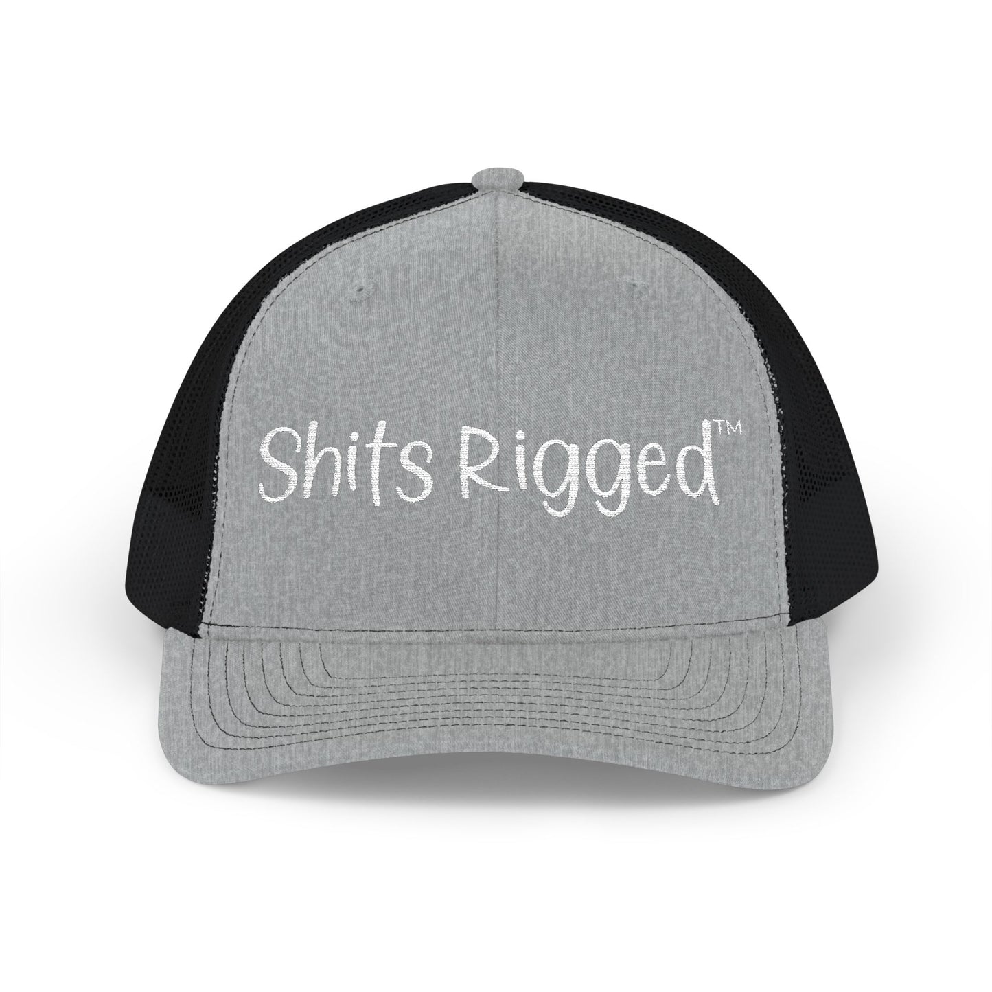 Embroidered Trucker Hat — "Shits Rigged" Bold Script Snapback