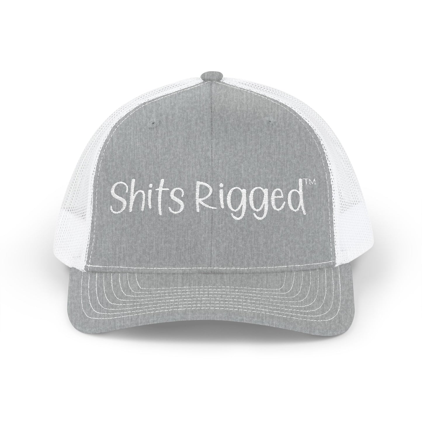Embroidered Trucker Hat — "Shits Rigged" Bold Script Snapback
