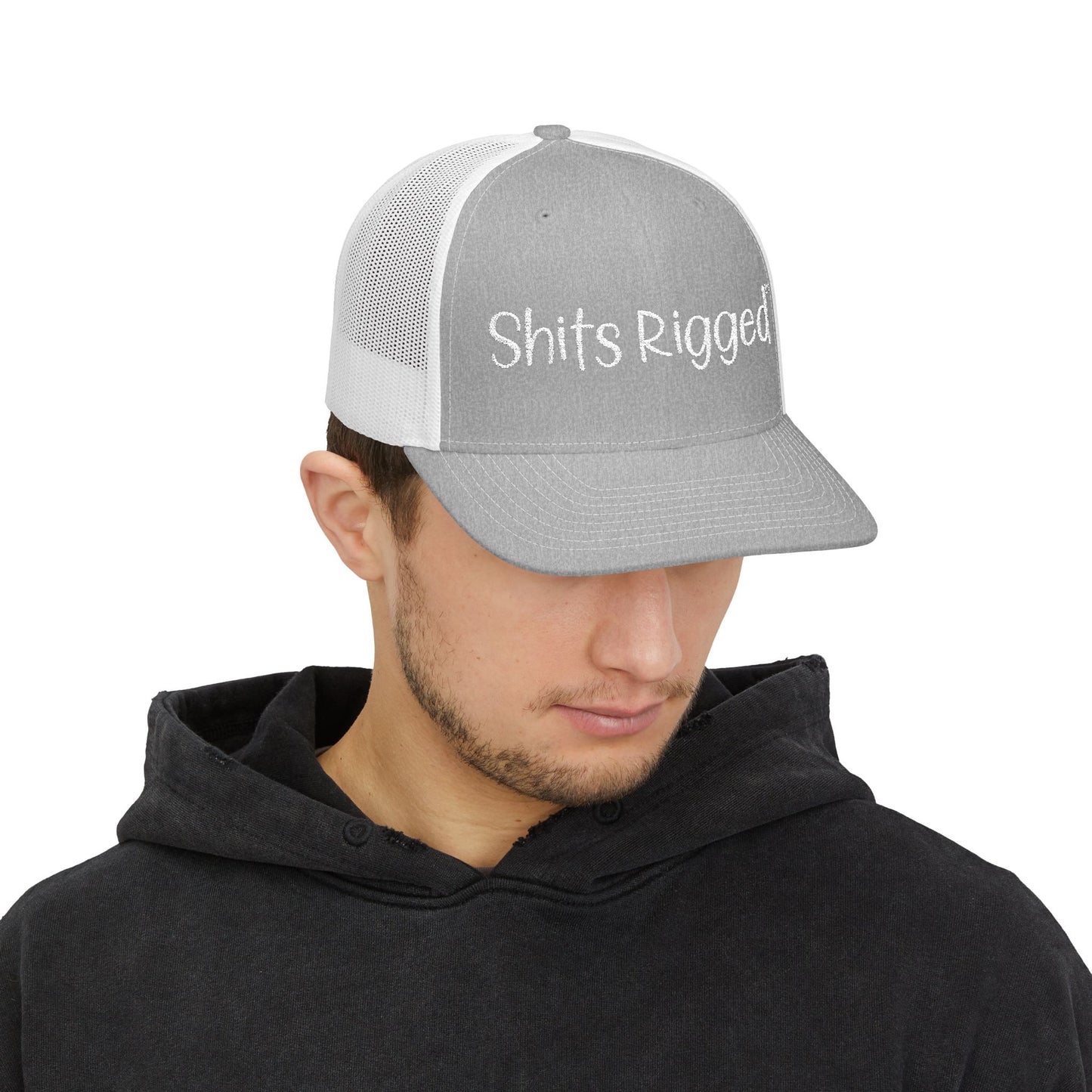 Embroidered Trucker Hat — "Shits Rigged" Bold Script Snapback