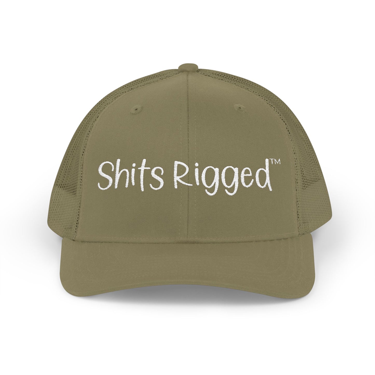 Embroidered Trucker Hat — "Shits Rigged" Bold Script Snapback